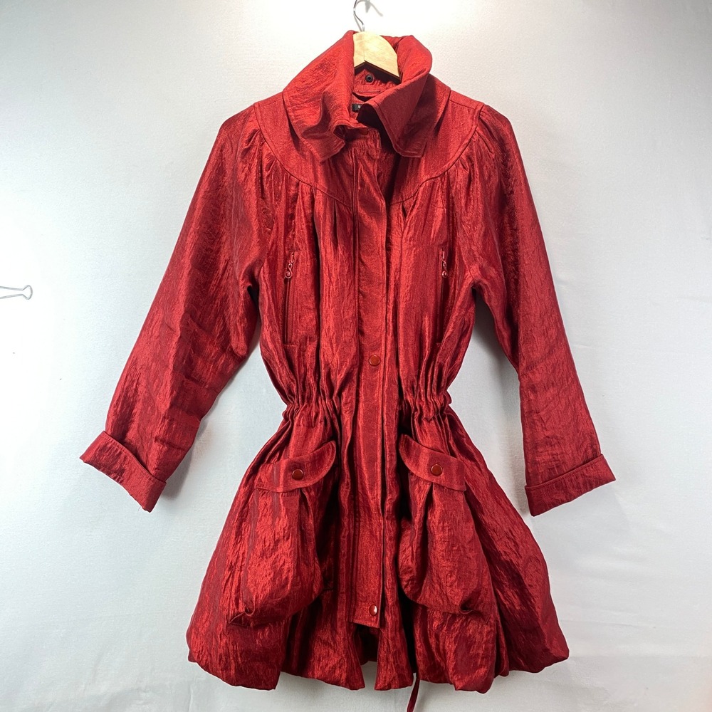 VTG Y2K Samuel Dong Bubble Hem Trench Coat Womens M Red Metallic Shimmer Jacket